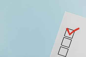 Controllo rosso, lista di controllo, attività completata, sfondo blu pastello, vista da vicino, Completamento dell'attività, simbolo checkmark, elenco delle attività, lista di cose da fare, Gestione delle attività, strumento di produttività