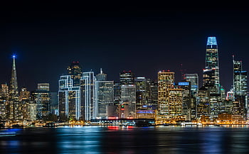 panorama san francisco, noční panoráma města, Osvětlené mrakodrapy, časosběrné fotografie, Urban Night View, světla města, centrální san francisco, noční fotografie, panorama města, San Francisco noc, městské krajiny