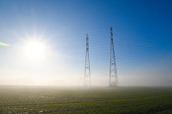 pylon, field, sun, fog, mist, sunlight, transmission Tower, nature, power Tower, cables, high Voltage Pylon