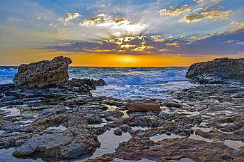 Kypr, západ slunce, skalnatá pláž, skalnaté pobřeží, moře, pláž, Příroda, mraky, horizont, ayia napa, odpoledne