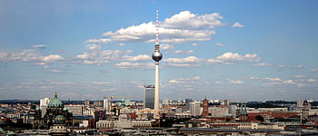 Berlin skyline, Fernsehturm TV tower, Berlin TV Tower, clear blue sky, panoramic view, Berlin cityscape, Berlin landmarks, Berlin architecture, Berlin Germany, Berlin city, Berlin panorama