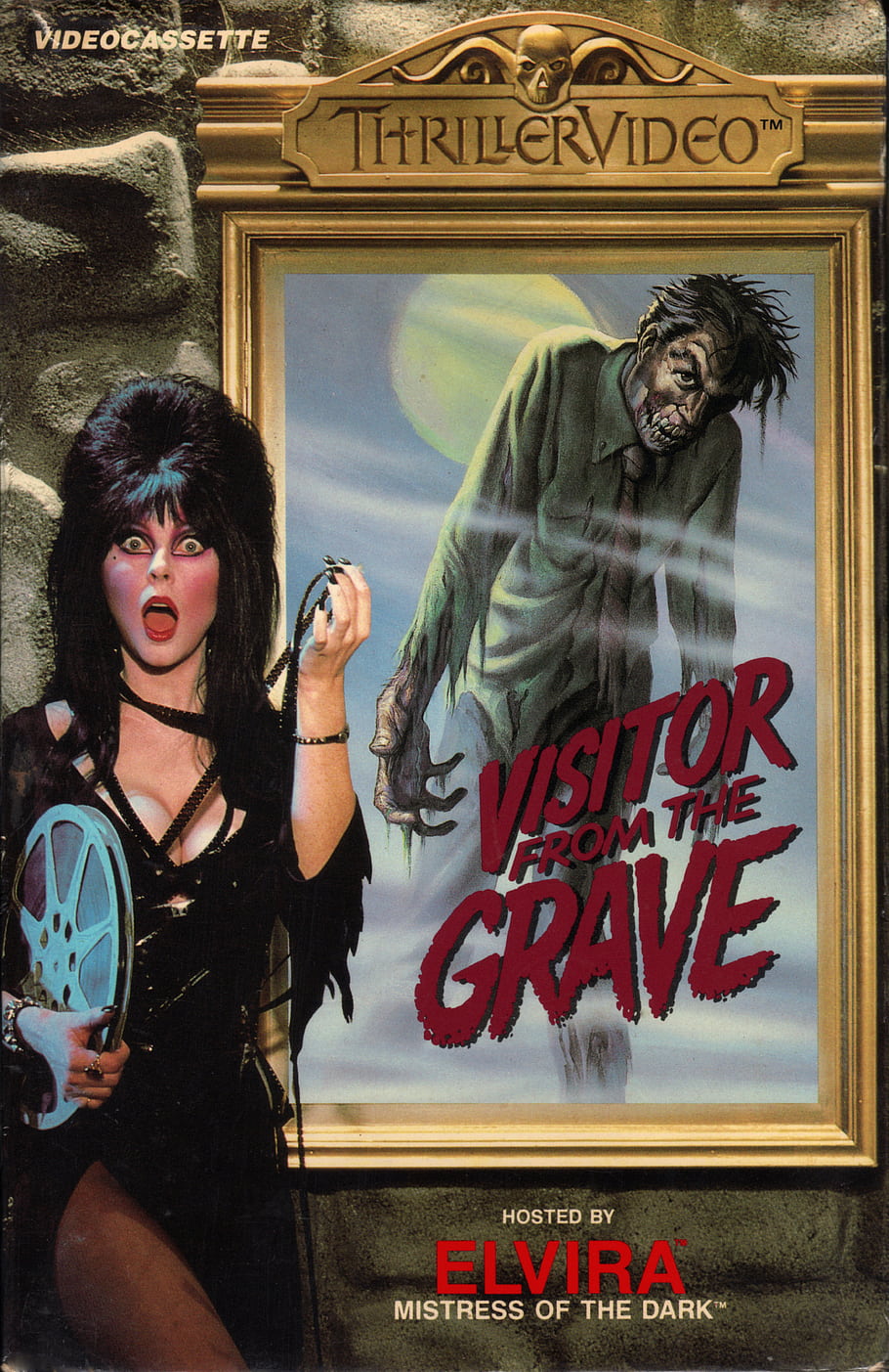 Elvira, VHS, vintage, Halloween, horror movie, thriller, 1980s, 80s, Visitor from the Grave, horror, scan
