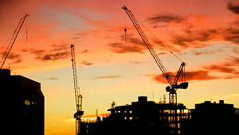 cranes, construction, sky, sunrise, sunset, silhouette, colorful, clouds, buildings, city, work