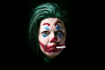 joker, cigarette, sad, guilty, makeup, face, woman, person, clown, character, sadness