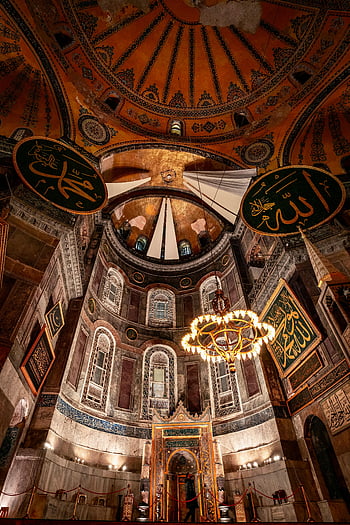 Grand Mosque, Hagia Sophia, Istanbul, Turkey, interior design, Islamic art, architecture, chandelier, dome, intricate details, mosque
