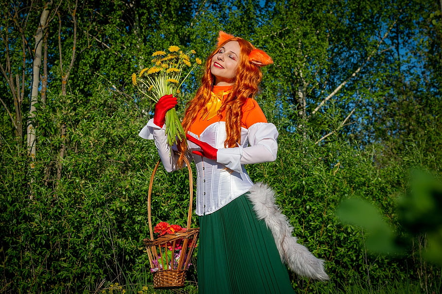 liška, cosplay, žena, květinové tapety, květiny, košík, kostým, zvíře, fantazie, květinové pozadí, pohádka