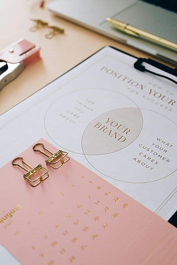 business plan, printed paper, clipboard, brand strategy, planning, positioning, detailed layout, office supplies, gold clips, calendar, desk setup
