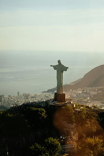 Kristus vykupitel, Rio de Janeiro, letecký pohled, západ slunce, socha, Ježíš Kristus, mount, majestátní, Brazílie, panoráma města, oceán
