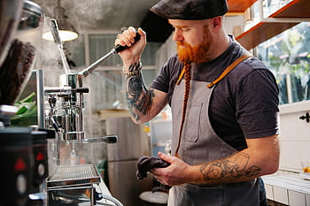 barista, preparing coffee, coffee machine, professional barista, tattoos, brewing espresso, modern coffee shop, coffee shop, espresso machine, barista work, coffee preparation