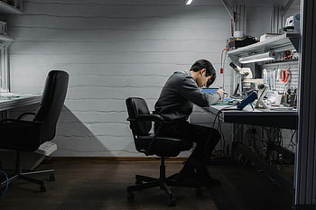 naprawa elektroniki, Warsztaty techniczne, skupiona praca, Technik elektroniczny, narzędzia naprawcze, stoł warsztatowy, oświetlenie wewnętrzne, profesjonalny, umiejętność techniczna, obszar roboczy, mężczyzna