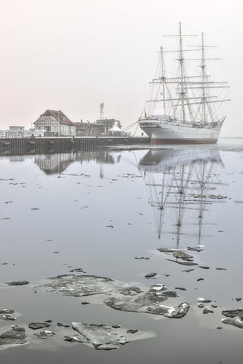sailing Ship, port, winter, fog, ice Floes, ship, sail Training Ship, gorch Fock, nature, stralsund, ice Cream
