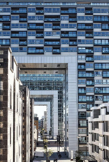 Jeřábové domy, architektura, Kolín nad Rýnem, moderní, budova, vitráž, moderní architektura, Dům, řeka rine, rheinauhafen, Německo