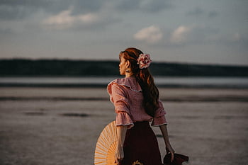 beach, sunset, woman, flamenco, dance, fan, nature, water