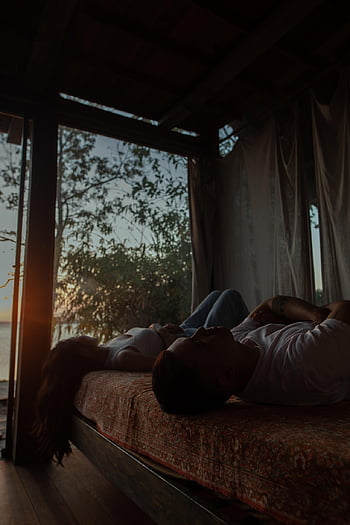 couple, bed, lying Down, nature, sunset, lake, room, view, sad