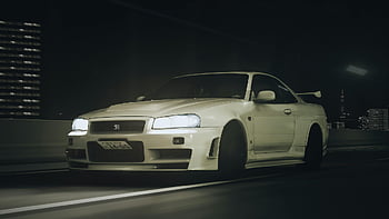 นิสสัน Gt-r R34, นิสสันสีขาวคูเป้, ทางหลวงโตเกียว, ขับรถกลางคืน, การออกแบบที่เป็นสัญลักษณ์, ไฟหน้ารถ, รถสปอร์ต, ฉากกลางคืน, การขับรถในเมือง, รถญี่ปุ่น, ยานพาหนะที่มีประสิทธิภาพสูง