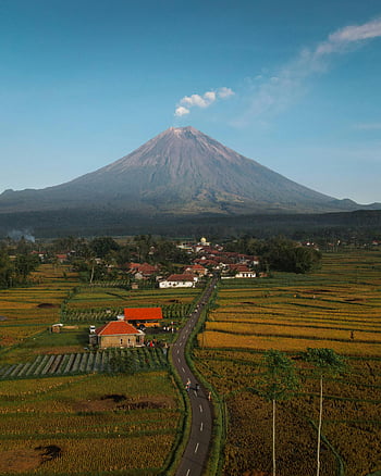 Java, Indonesië, platteland, vulkaan, landelijk, Oost Java, luchtfoto, landschap, Indonesisch landschap, rijstvelden, weg