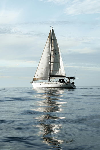 sailboat, floating, sea, serene, calm ocean, blue sky, peace, adventure, gliding, water reflection, sailing