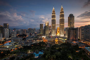 věže Petronas, kuala lumpur, malajsie, panoráma, svítí, soumrak, panoráma města, městský, architektura, mezník, noční výhled