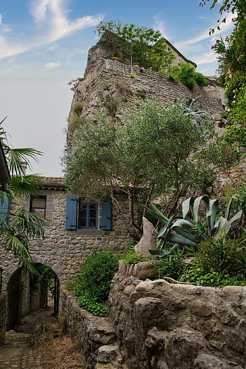 city, medieval Facade, architecture, houses, roof, bell Tower, rock, cliff