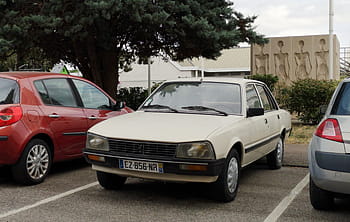 Peugeot, 505, car, white, parked, vehicle, license plate, sedan, vintage, automobile, France