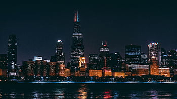 panorama chicago, noční výhled, Osvětlené mrakodrapy, panoráma města, městské krajiny, centrální chicago, pohled na nábřeží, noční fotografie, světla města, architektonická fotografie, městská noční scéna