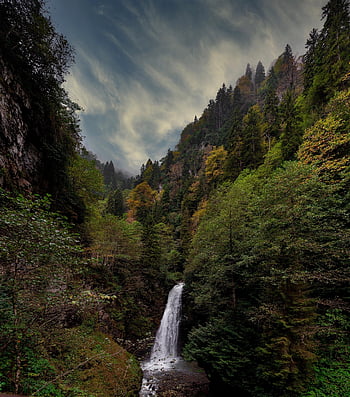 waterfall, mountains, plateau, sky, clouds, nature, Şelale, doğa, manzara, orman, su