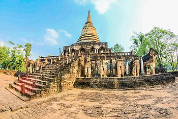 Wat Chang Lom, Historický park Si satchanalai, Thajsko, starověké zříceniny, historické architektury, chrám, stupa, kamenná struktura, venkovní, kulturní dědictví, kroky