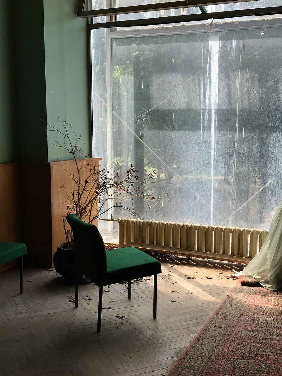 zelená polstrovaná židle, Vintage zelená židle, útulný pokoj, filtrování slunečního světla, velké skleněné okno, výzdoba pokoje, dřevěná podlaha, pokojové rostliny, chladič, přirozené světlo, rustikální interiér