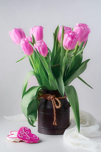 rosafarbene Tulpen, rustikale Vase, herzförmige Kekse, charmante Arrangement, Blumenstrauß, dekorative Blumen, Frühlingsblumen, romantische Einrichtung, Valentinstag, Indoor Blumen, Keksdekoration
