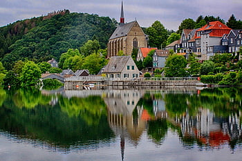 beyenburg, reservoir, church, reflection, water, nature, landscape, panorama, houses, building, lake