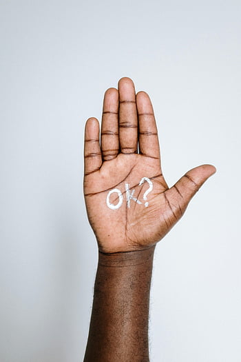 dlaň, ruka, detail, OK, psaný, sdělení, poptávka, zvedl ruku, Text na dlani, symbolizující, bílé pozadí