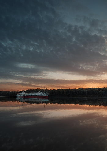 river, ship, sunset, water, reflection, transport, nature, waterway, dusk, sky, clouds