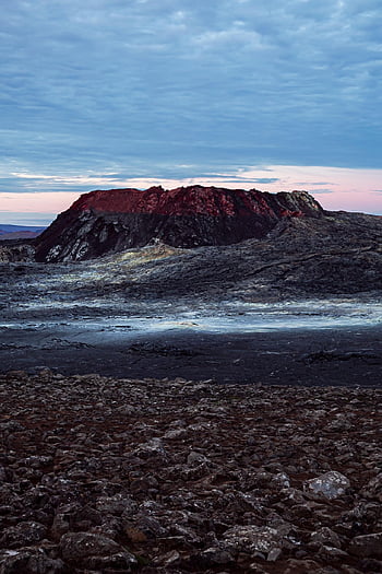 volcano, nature, rocks, lava, sky, clouds, iceland