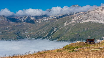 山岳、 ベンチ、 雲海、 ピーク、 サミット、 山脈、 雲、 山の風景、 アルプス、 風景、 もや