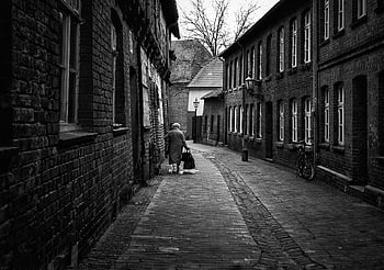 city, alley, woman, historic Center, architecture, black And White, monochrome
