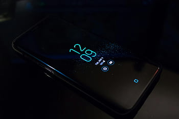 Samsung Android Smartphone, digital clock, notifications, close-up, smartphone display, 12:09, turned-on, black smartphone, dark environment, Android phone, digital time