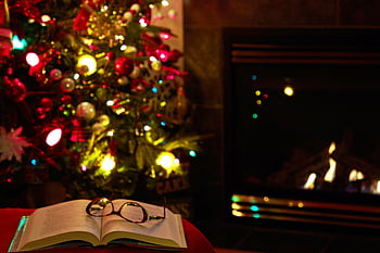 christmas, background, holiday, xmas, tree, lights, cozy, fireplace, seasonal, reading, book