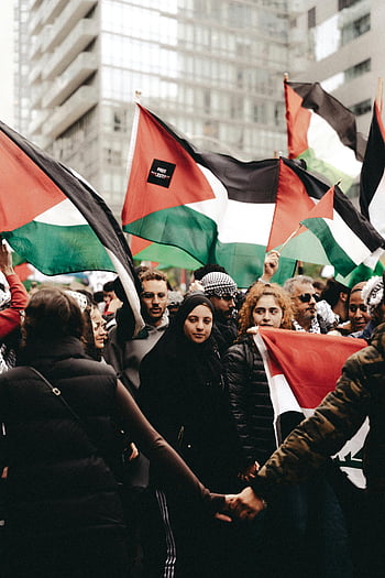 Palestinské vlajky, demonstrace, ulice, rozmanité setkání, živý protest, Palestinský lid, městský protest, solidarita, Palestina zdarma, veřejná demonstrace, Street Rally