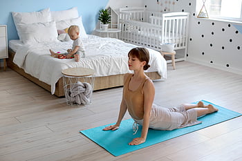 mother, yoga, child, baby, bedroom, relaxed, exercise, family, female, fun, woman