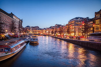 canal, boats, buildings, reflection, city, illuminated, cityscape, transportation, evening, lights, amsterdam