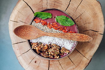 wooden scoop, acai bowl, granola, mint leaves, berries, rustic wood, healthy food, smoothie bowl, coconut flakes, wooden spoon, top view