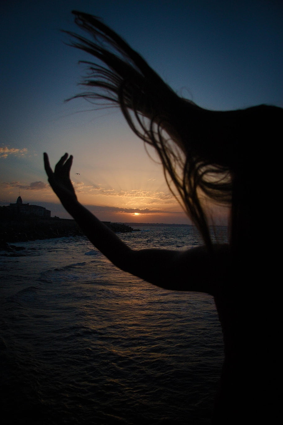 sunset, sozopol, bulgaria, port, beach, hair, backlight