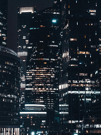 městské budovy v noci, Osvětlené mrakodrapy, město Moskva, Rusko, městské krajiny, noční výhled, panoráma města, moderní architektura, výškové budovy, světla města, noční fotografie