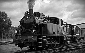 vintage steam locomotive, black and white, nostalgic image, railroad tracks, outdoor scene, smoke, train, sky, railtracks, steam engine, vintage train