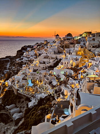 Santorini Sunset, oia, bílé budovy, řecké ostrovy, Středozemní západ slunce, cestovní fotografie, Santorini oía, západ slunce, Kultovní budovy, destinace, Řecko cestování