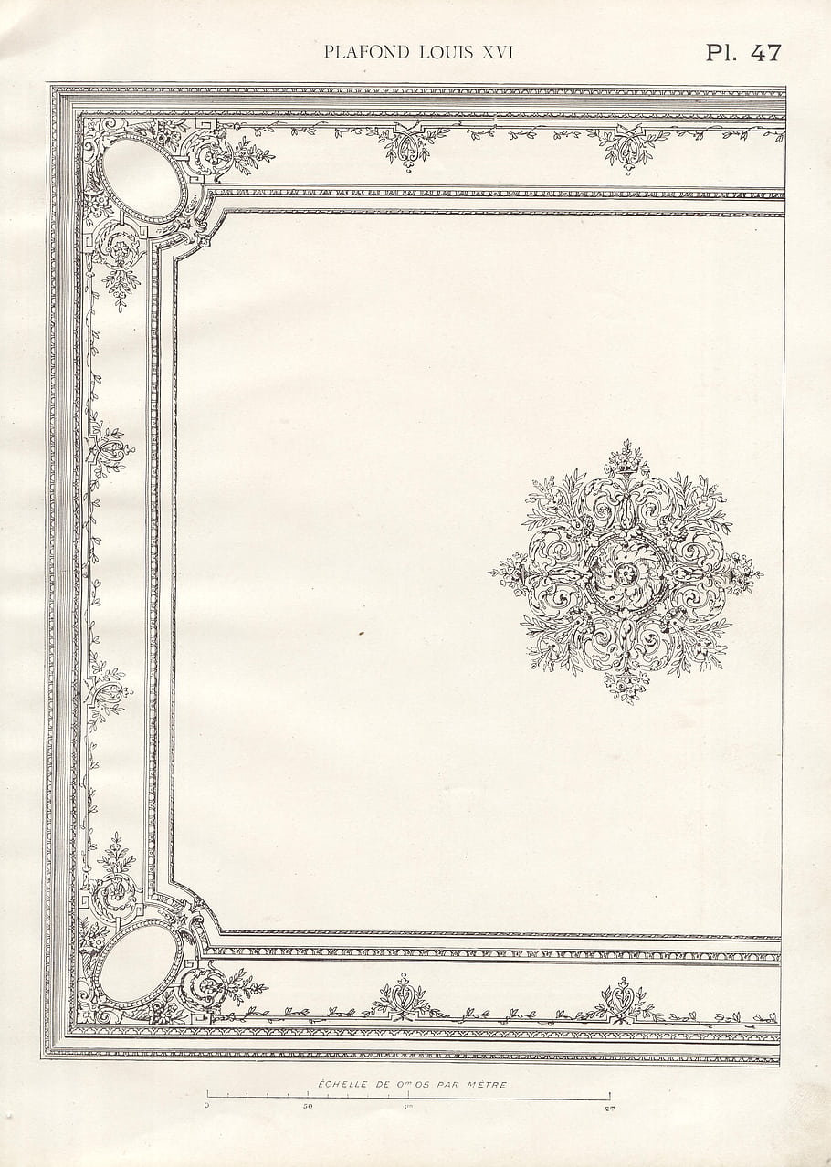 louis xvi, stropní konstrukce, ozdobený rám, dekorativní vzor, architektonické kreslení, Vintage ilustrace, květinovým motivem, Symetrický design, Podrobná gravírování, Deska 47, Plafond Louis XVI
