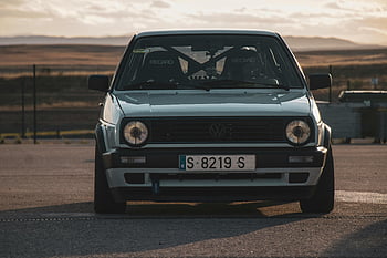 Volkswagen Golf MK2, závodní auto, čelní pohled, klasické auto, závodní dráha, západ slunce, volkswagen, golf, mk2, fotografování automobilů, automobilového průmyslu