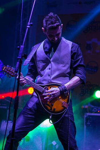 Hombre en chaleco gris, mandolina, Músico masculino, concierto en vivo, puesta en escena, iluminación vibrante, jugando apasionado, escenario de concierto, actuación musical, músico escénico, chaleco gris