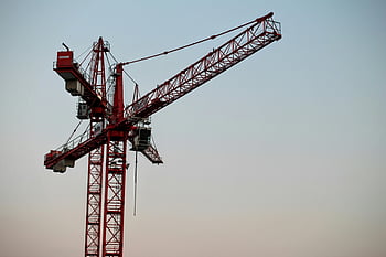 red tower crane, construction site, clear sky, daytime, industrial machine, red crane, construction crane, building site, sky background, construction equipment, industrial construction