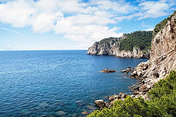 moře, útesy, skály, Příroda, vegetace, mraky, letní, costa brava, Španělsko, krajina